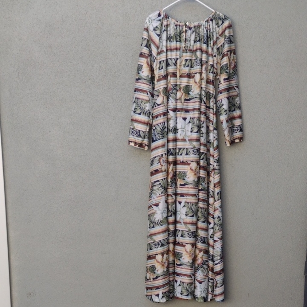 60s Elle Casuals Floral Striped Peasant Maxi Dress Women's up to XL (Vintage OS)